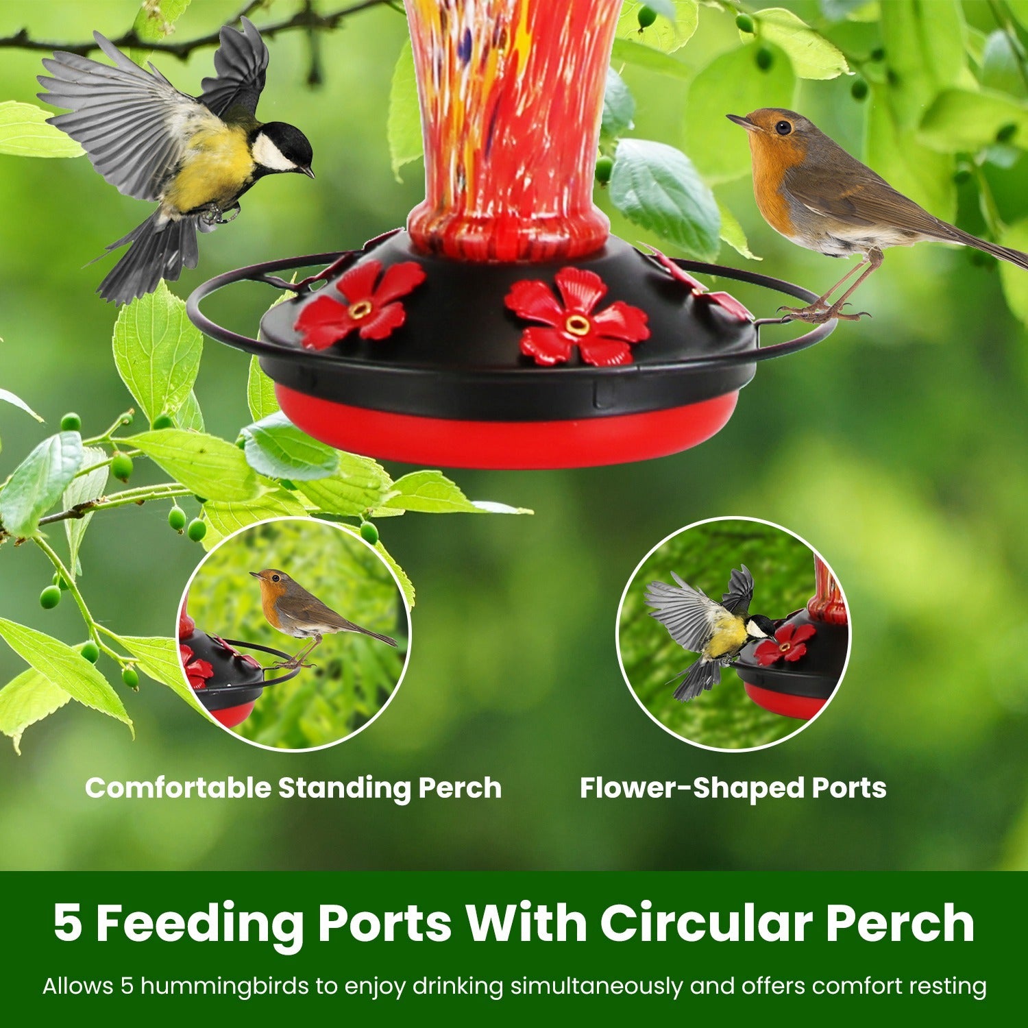 Glass Hummingbird Feeder 33oz - Hand Blown with 5 Feeding Ports