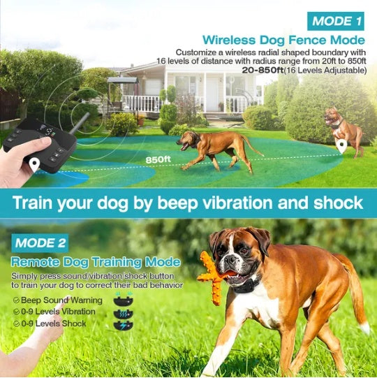 2-in-1 Wireless Electric Dog Fence & Training Collar - Waterproof Boundary System
