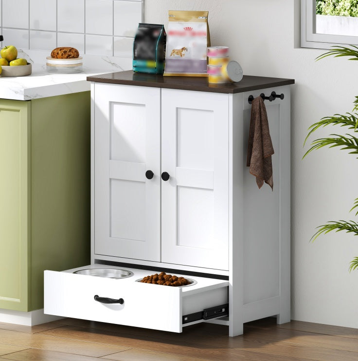 Elevated Dog Feeding Station with Storage Cabinet - White