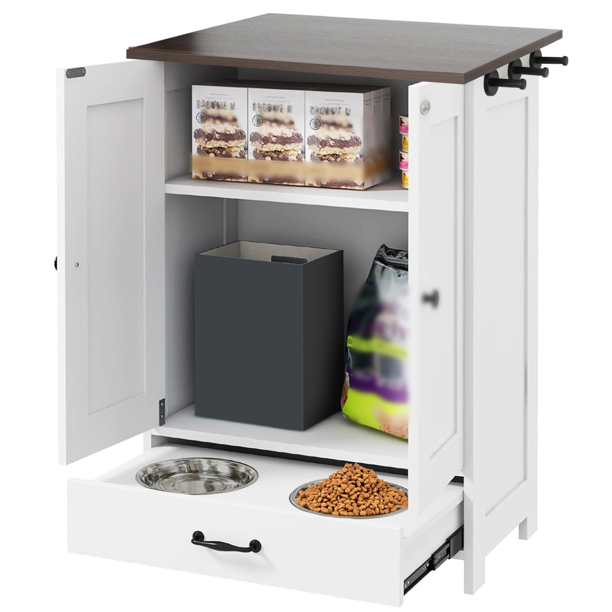 Elevated Dog Feeding Station with Storage Cabinet - White