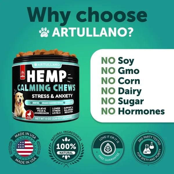 Hemp Calming Chews for Dogs – Anxiety Relief with Turmeric & Valerian (120 Treats)