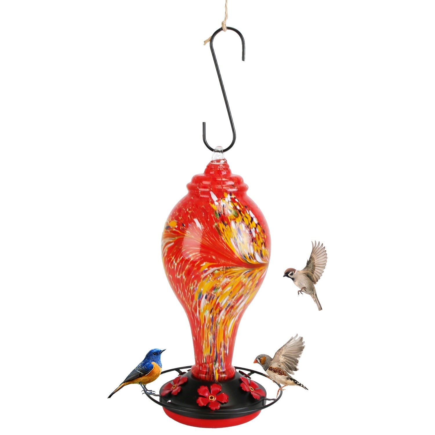 Glass Hummingbird Feeder 33oz - Hand Blown with 5 Feeding Ports