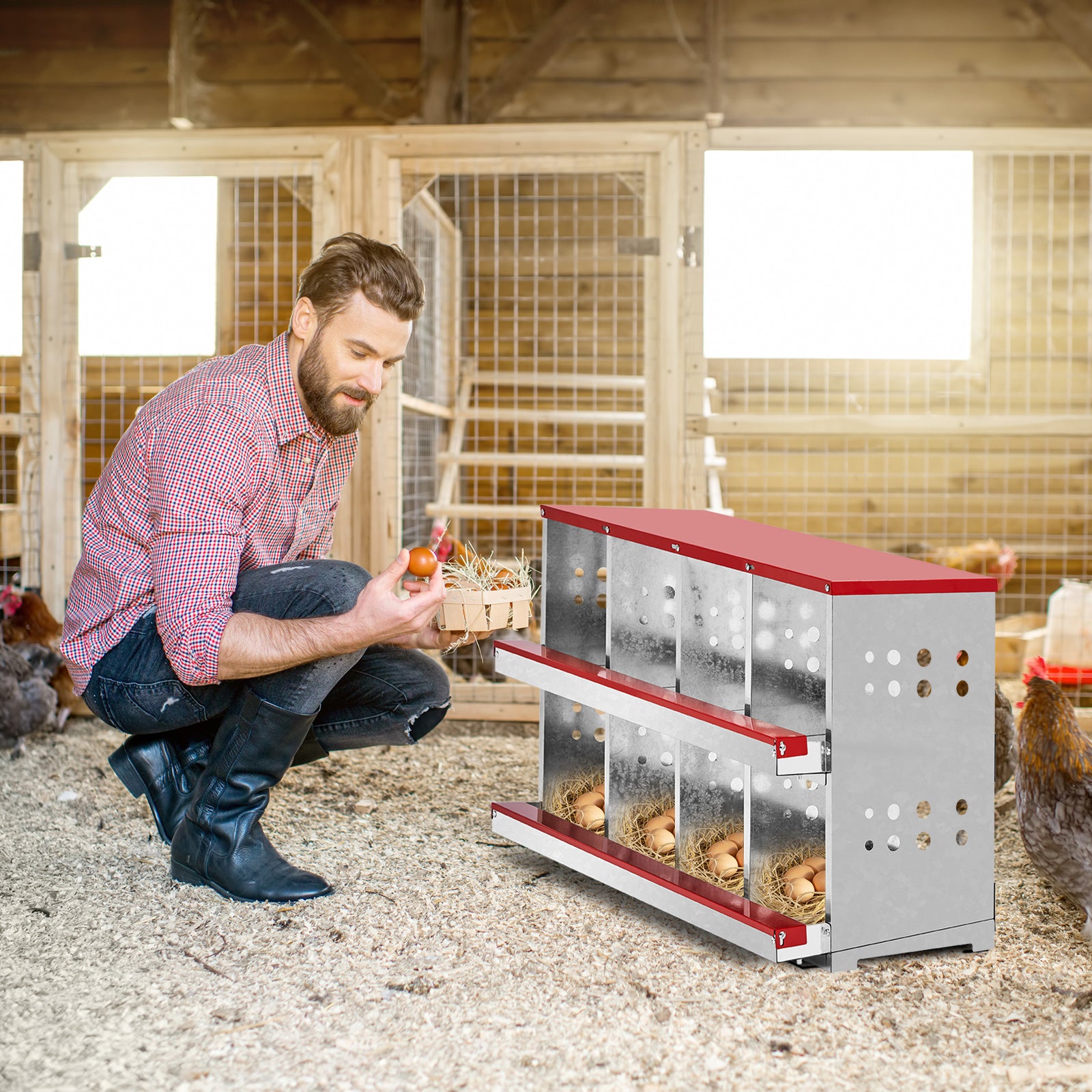 8-Compartment Sloping Roof Pet Feeding Station - Red Iron