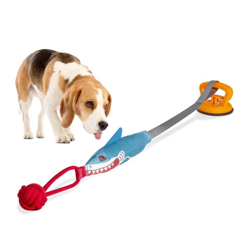Shark Shaped Squeaky Dog Toy with Suction Cup - Interactive Rope Ball