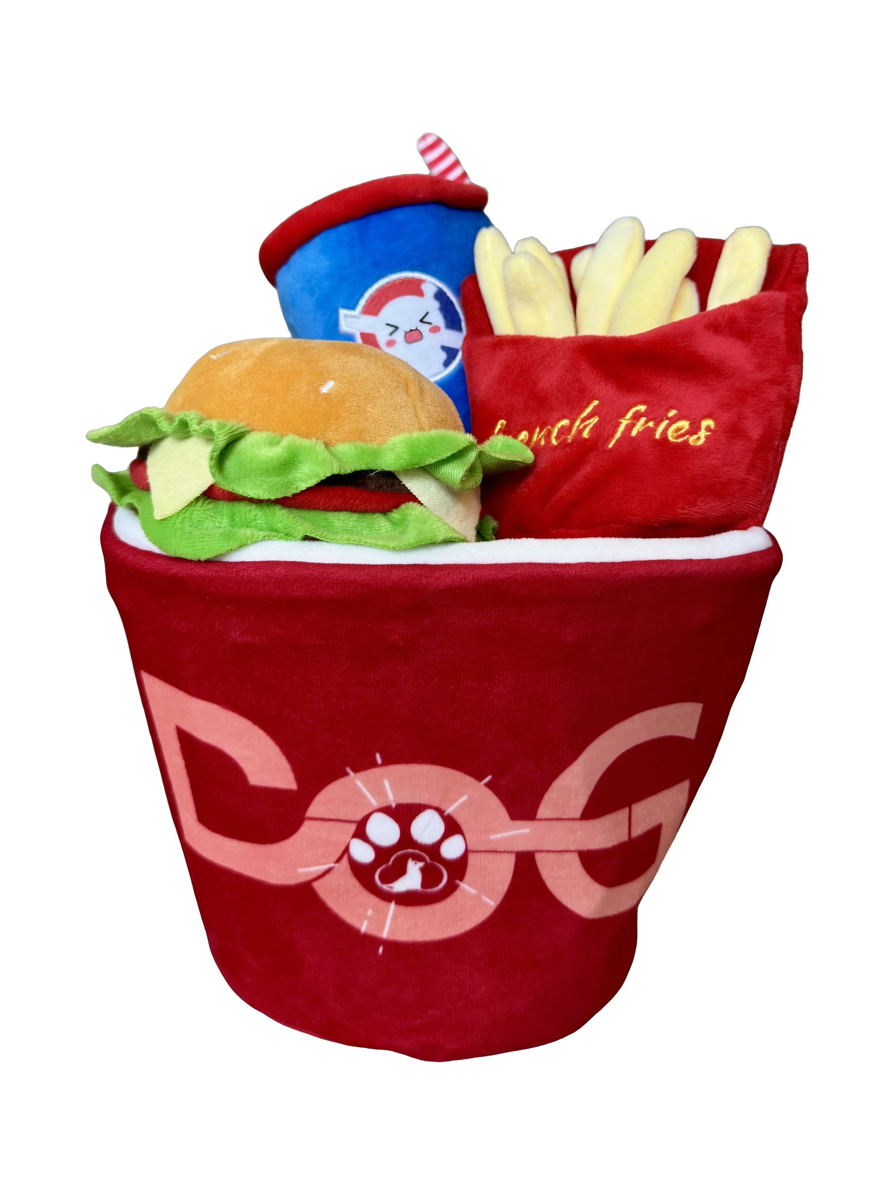 4-in-1 Fast Food Bucket Dog Toy Set - Squeaky Plush Bucket, Fries, Soda & Burger