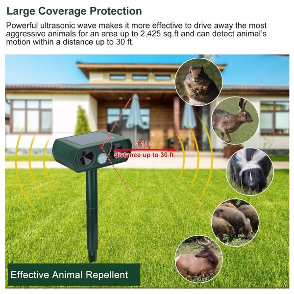 Ultrasonic Animal Repellent - Solar Powered Motion Sensor, IPX4 Waterproof