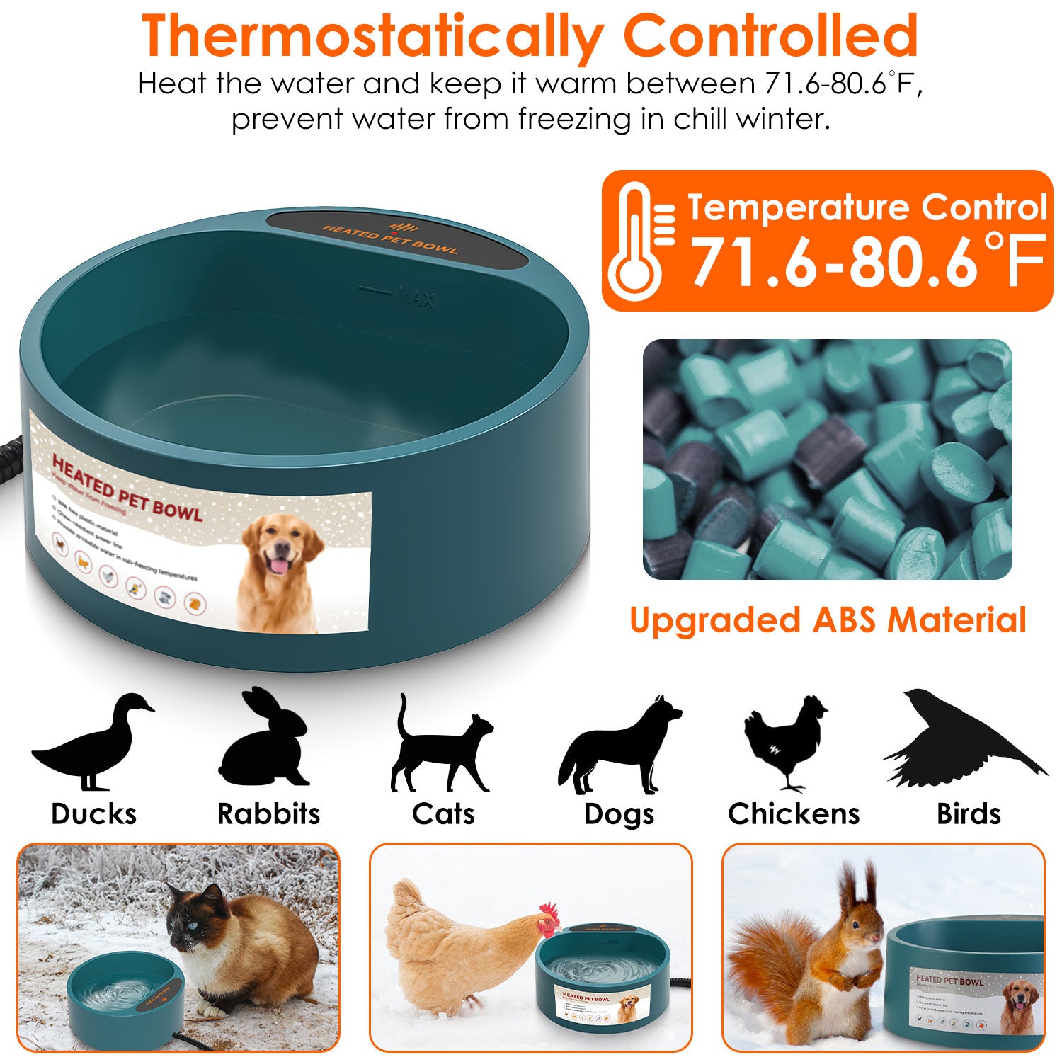 Heated Water Bowl for Pets - 74.4oz IP67 Waterproof Thermal Bowl