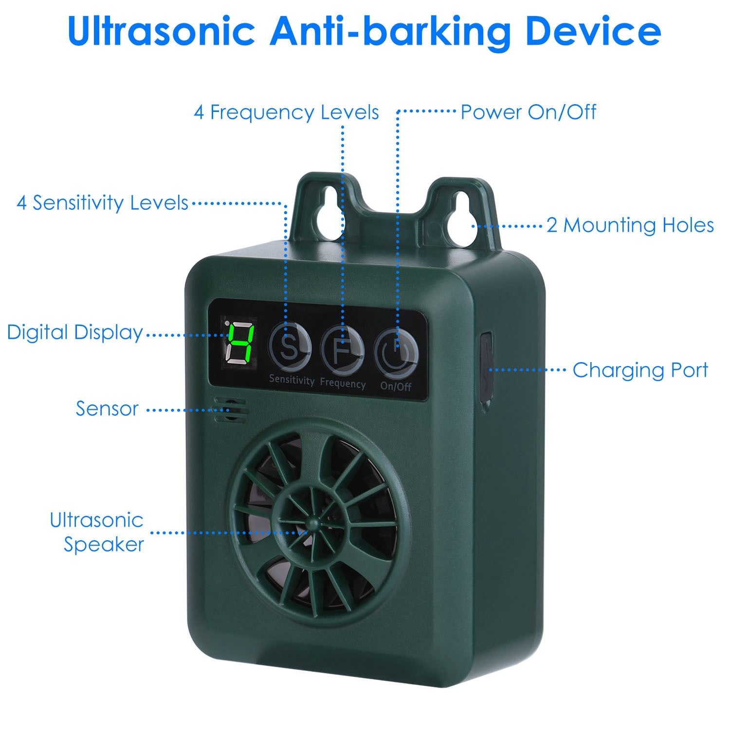 Ultrasonic Anti-Barking Device - 49ft Range with 4 Frequency & Sensitivity Levels