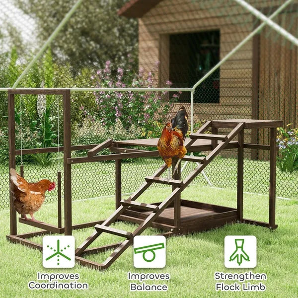 Wooden Chicken Activity Play Set - Perch, Swing, Ladder, Platforms & Feeder
