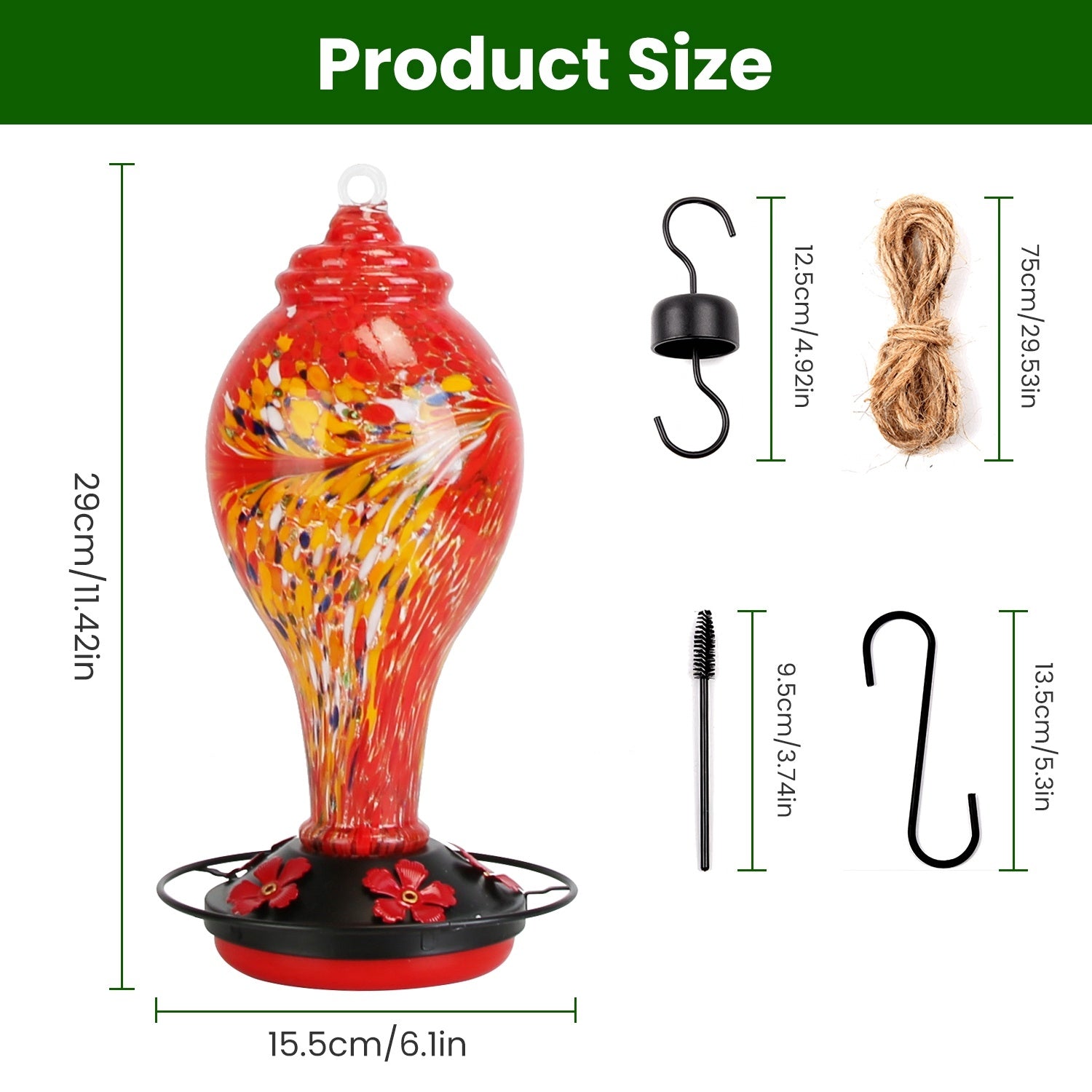 Glass Hummingbird Feeder 33oz - Hand Blown with 5 Feeding Ports