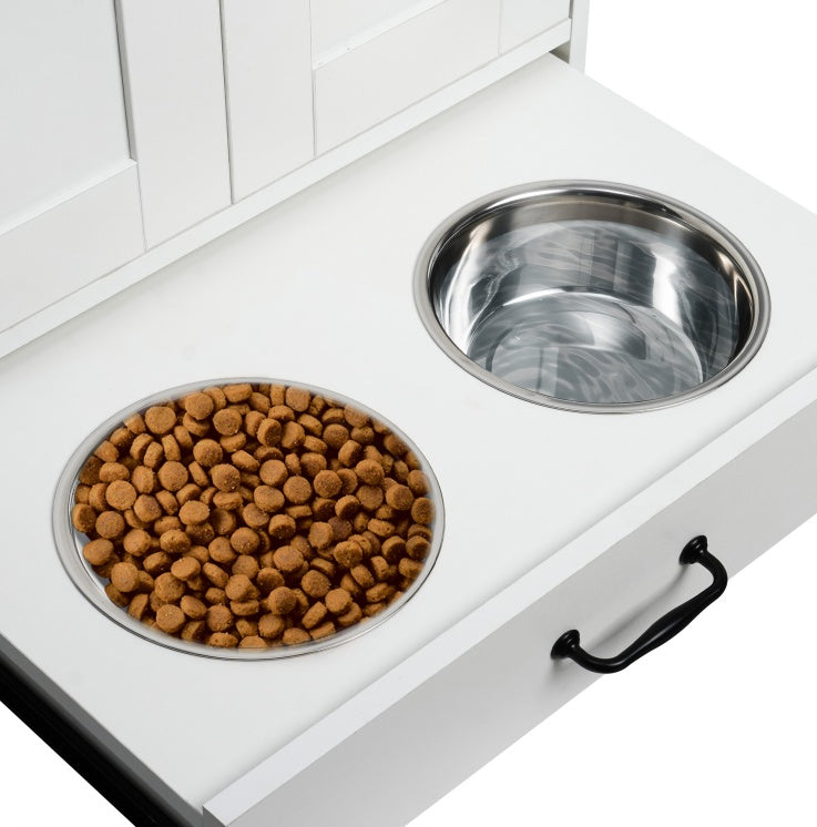Elevated Dog Feeding Station with Storage Cabinet - White