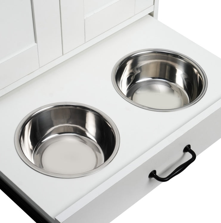 Elevated Dog Feeding Station with Storage Cabinet - White