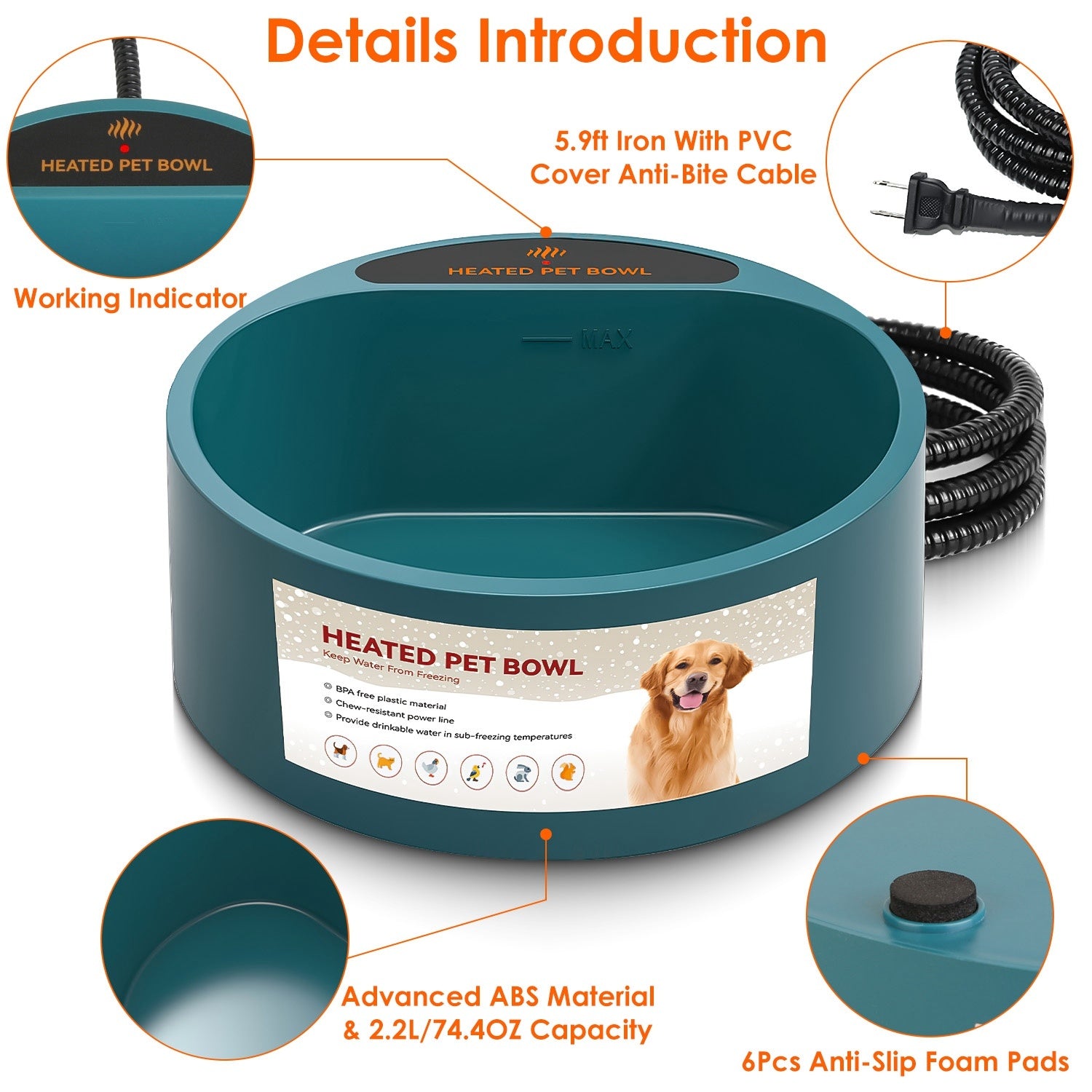 Heated Water Bowl for Pets - 74.4oz IP67 Waterproof Thermal Bowl