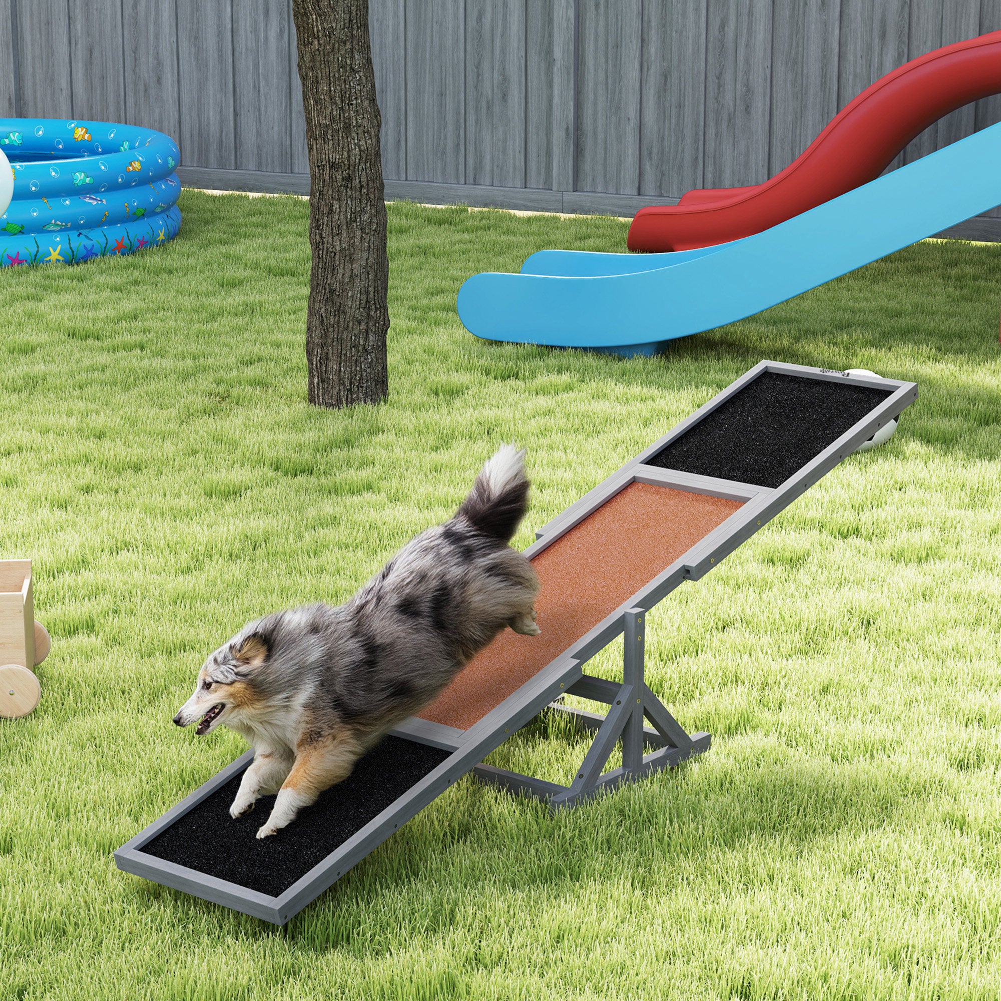 Wooden Dog Agility Seesaw - 110 lbs Capacity, Weather Resistant, Gray