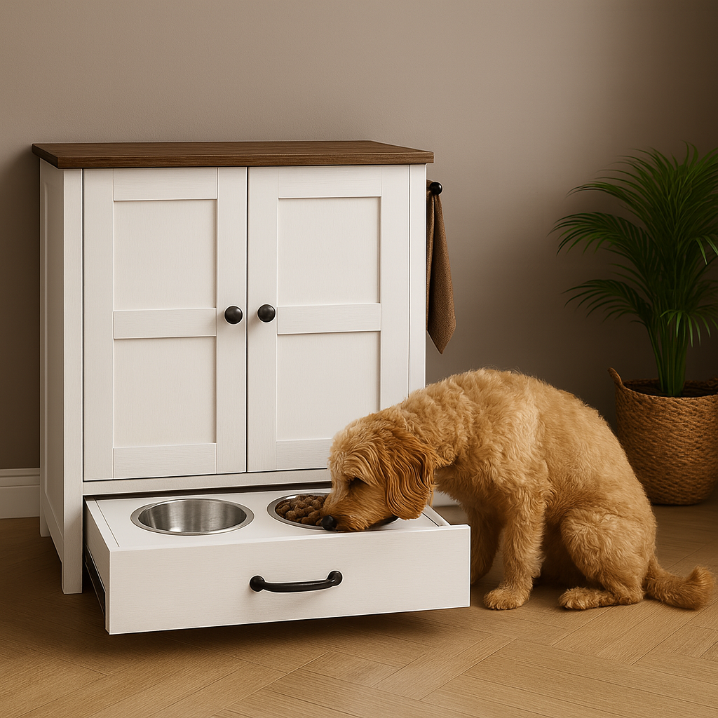 Elevated Dog Feeding Station with Storage Cabinet - White