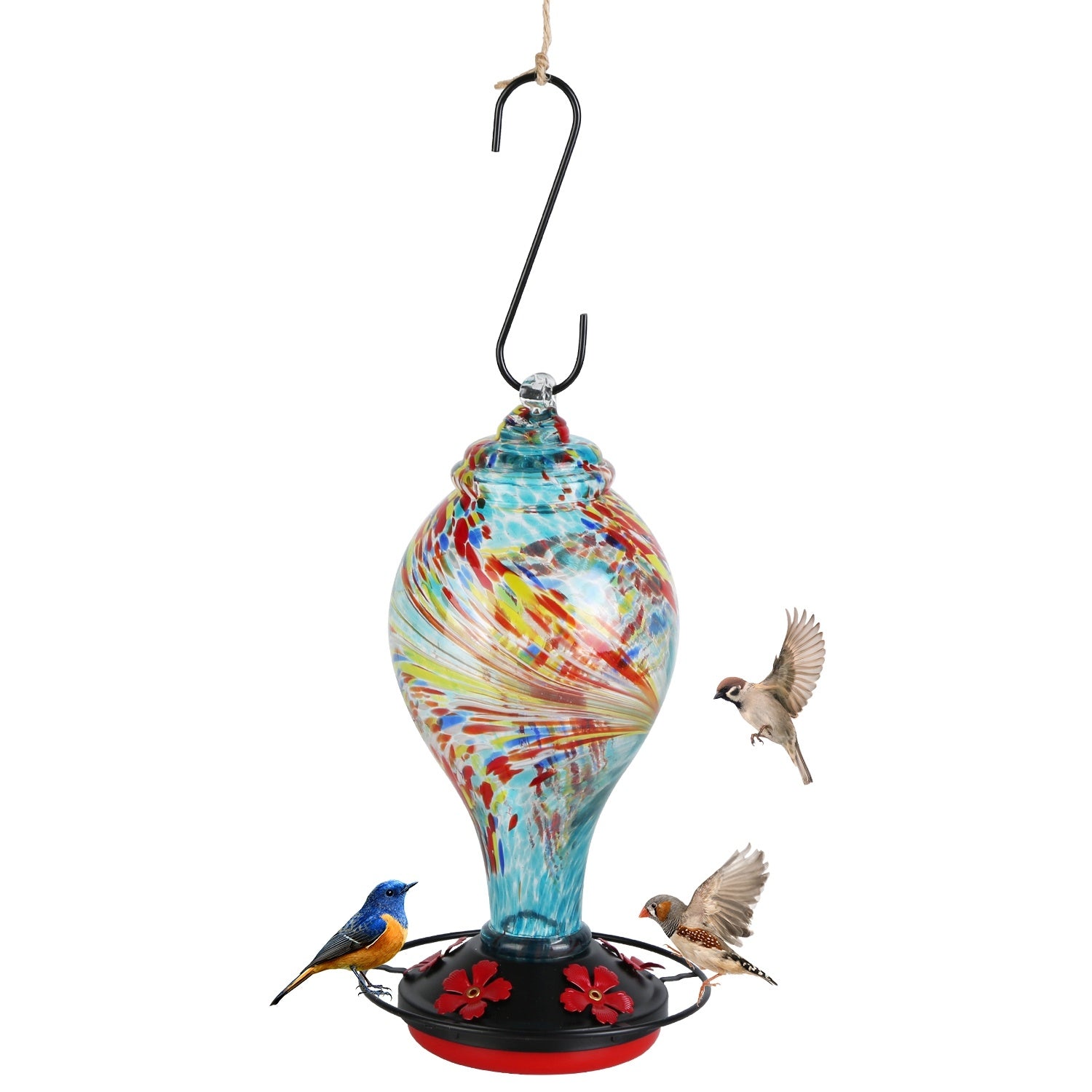 Glass Hummingbird Feeder 33oz - Hand Blown with 5 Feeding Ports