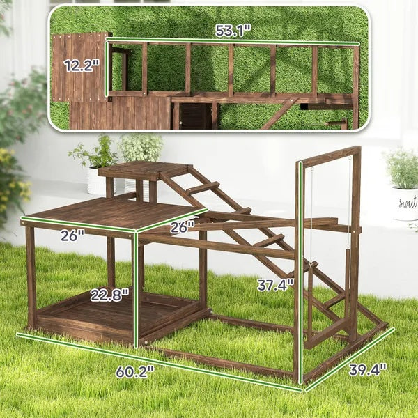 Wooden Chicken Activity Play Set - Perch, Swing, Ladder, Platforms & Feeder
