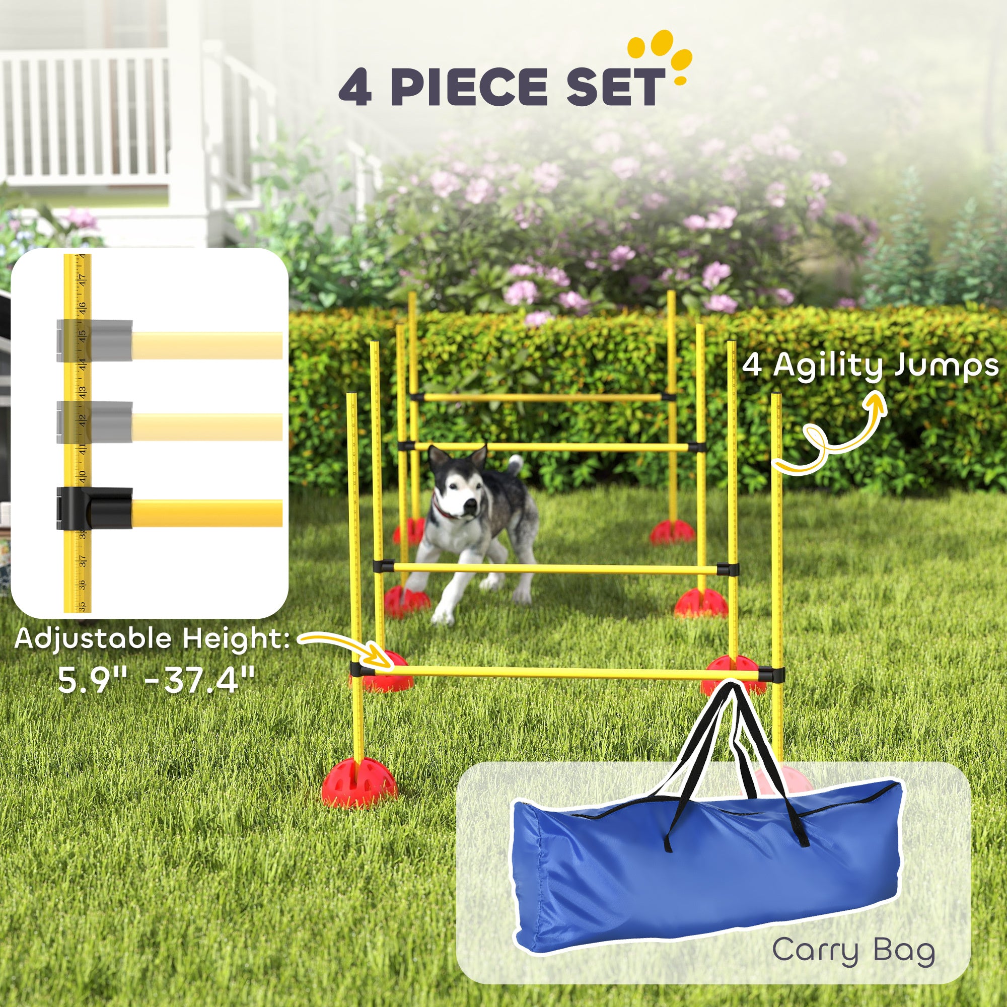 Dog Agility Jumps Set - 4 Piece Height Adjustable with Carry Bag, Yellow