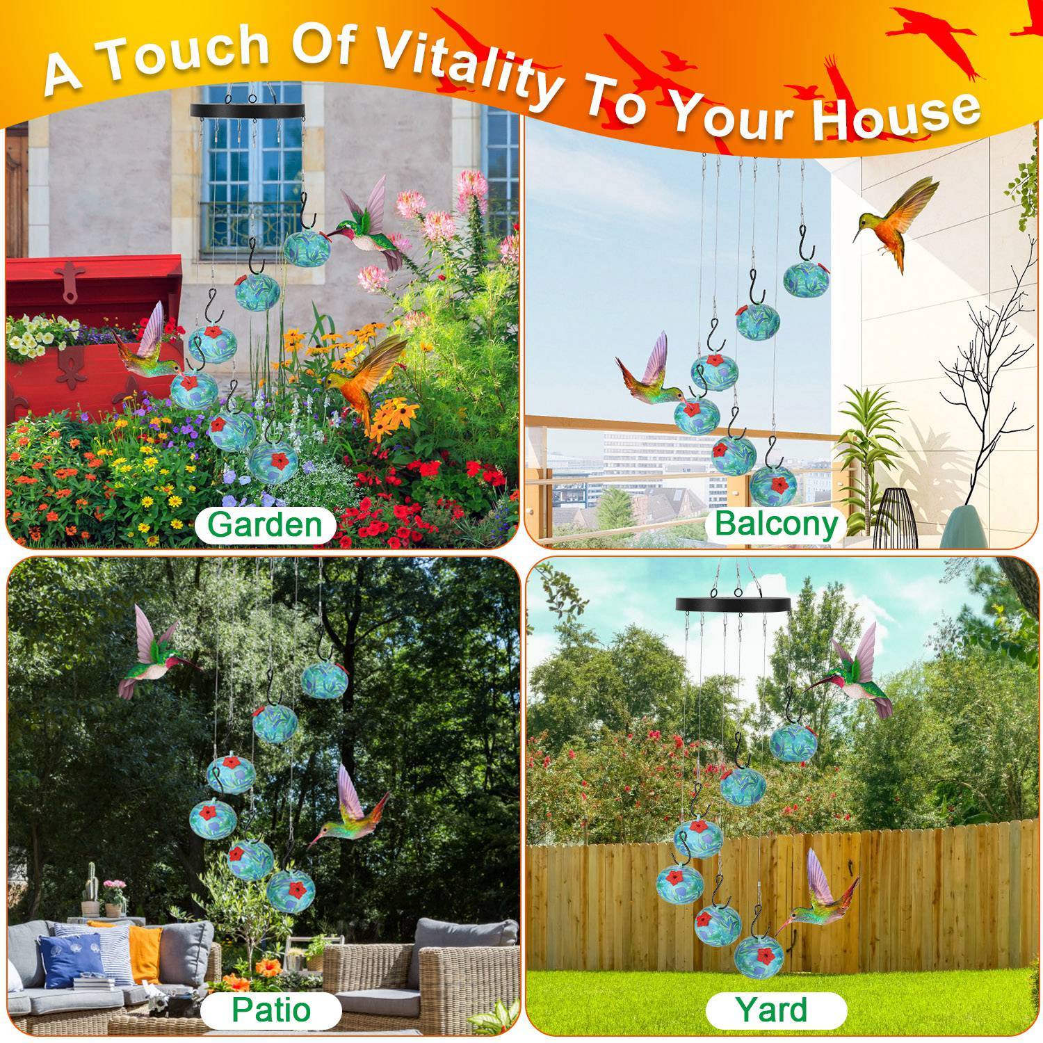 Hummingbird Feeder with Wind Chimes - Ant & Bee Proof