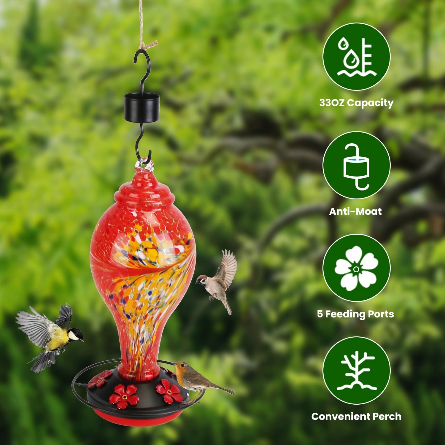 Glass Hummingbird Feeder 33oz - Hand Blown with 5 Feeding Ports