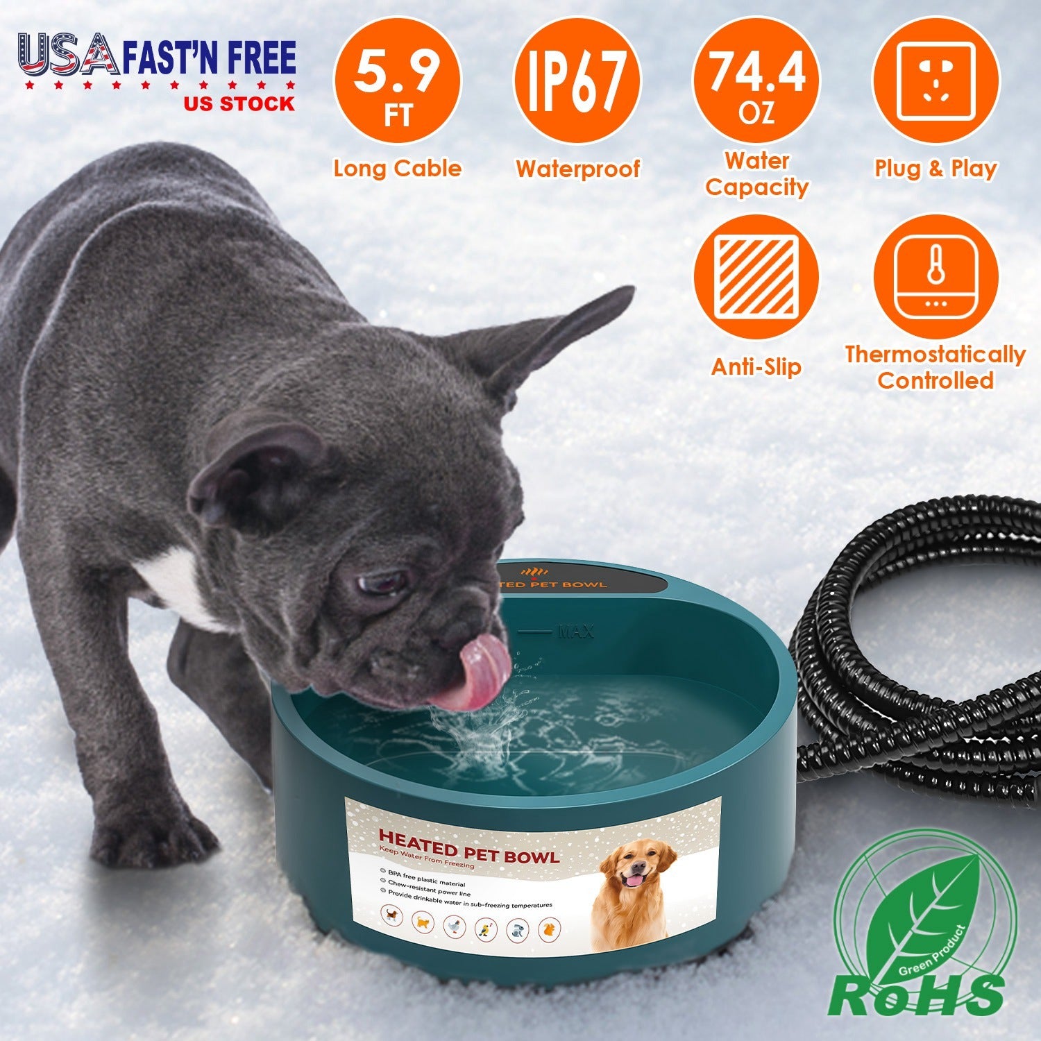 Heated Water Bowl for Pets - 74.4oz IP67 Waterproof Thermal Bowl