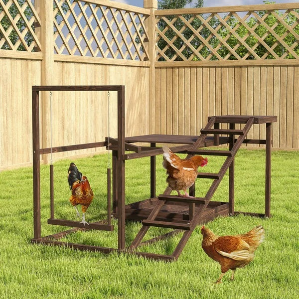 Wooden Chicken Activity Play Set - Perch, Swing, Ladder, Platforms & Feeder