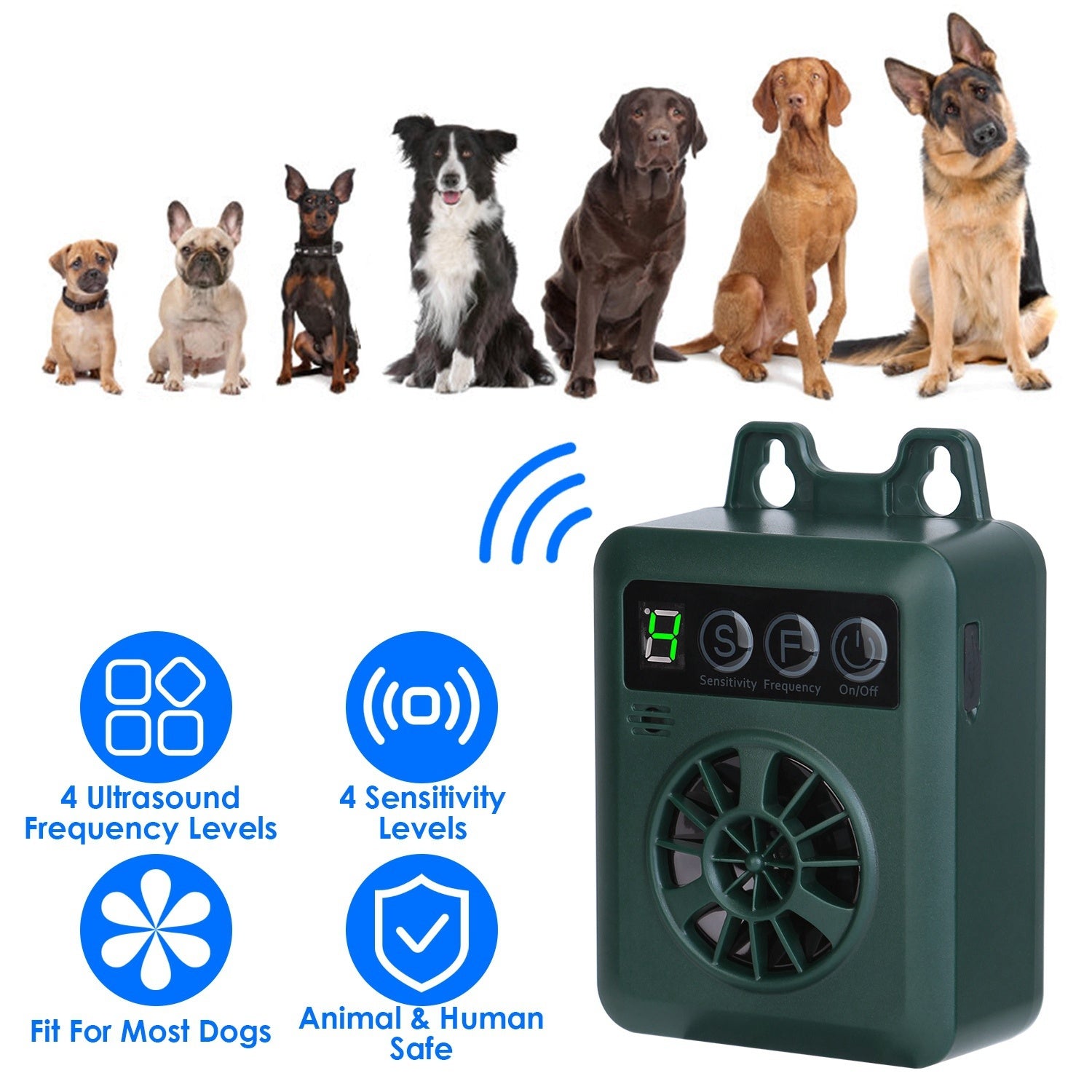Ultrasonic Anti-Barking Device - 49ft Range with 4 Frequency & Sensitivity Levels