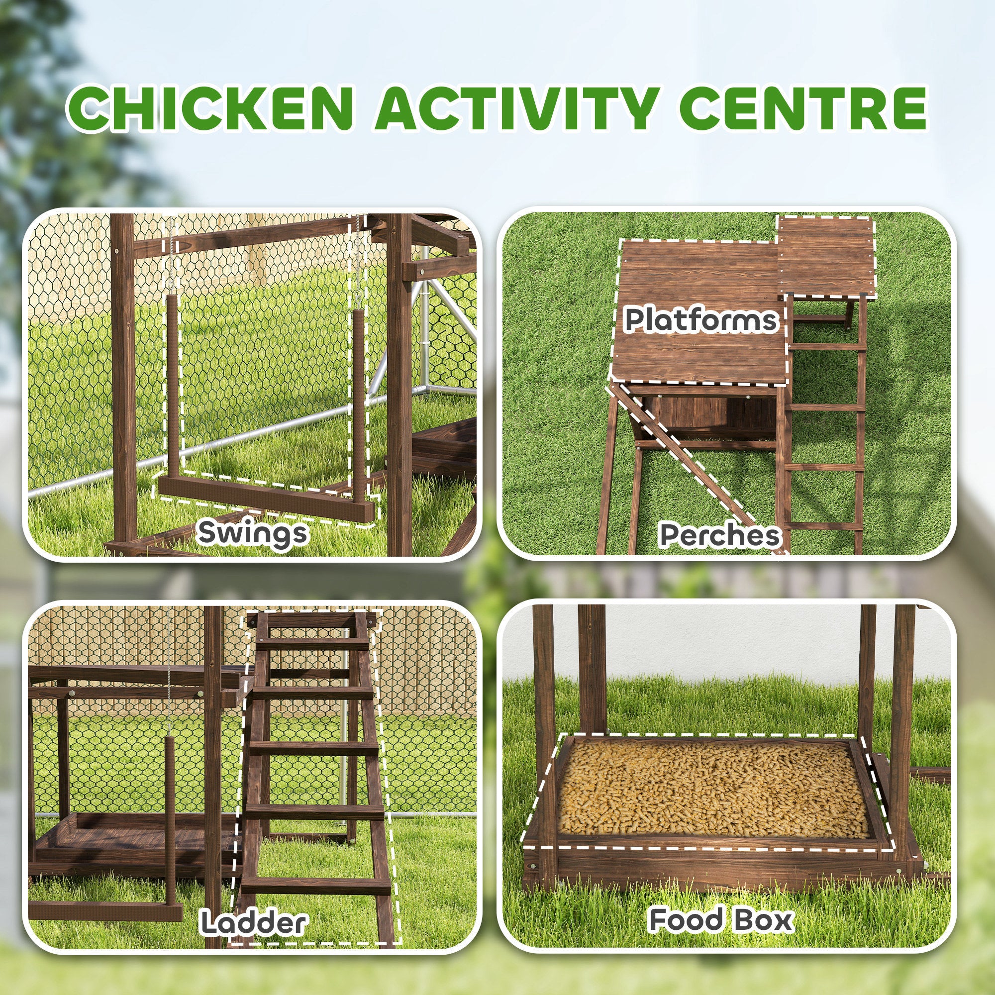 Wooden Chicken Activity Play Set - Multi-Level Perch, Swing, Ladder & Feeder Storage