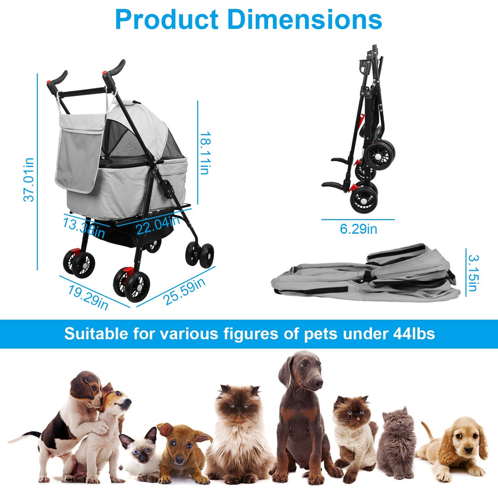 4-Wheel Foldable Pet Stroller with Storage Basket