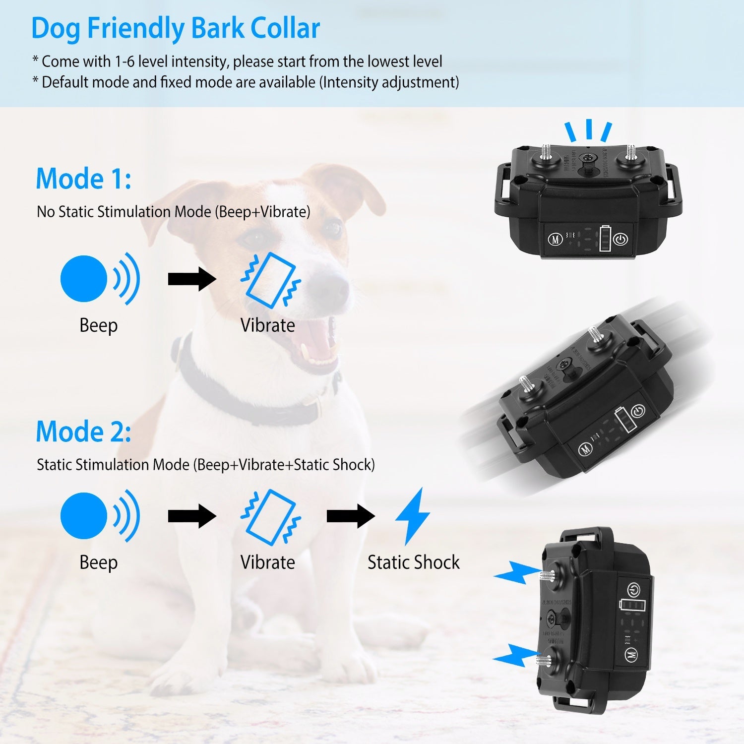 Rechargeable Dog Bark Collar - Waterproof with Beep, Vibration & Static Modes