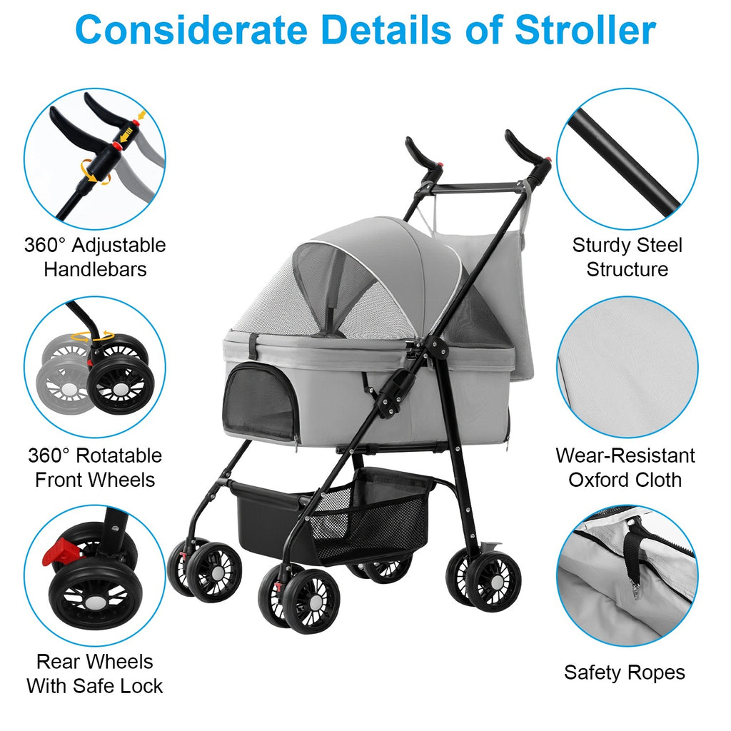 4-Wheel Foldable Pet Stroller with Storage Basket