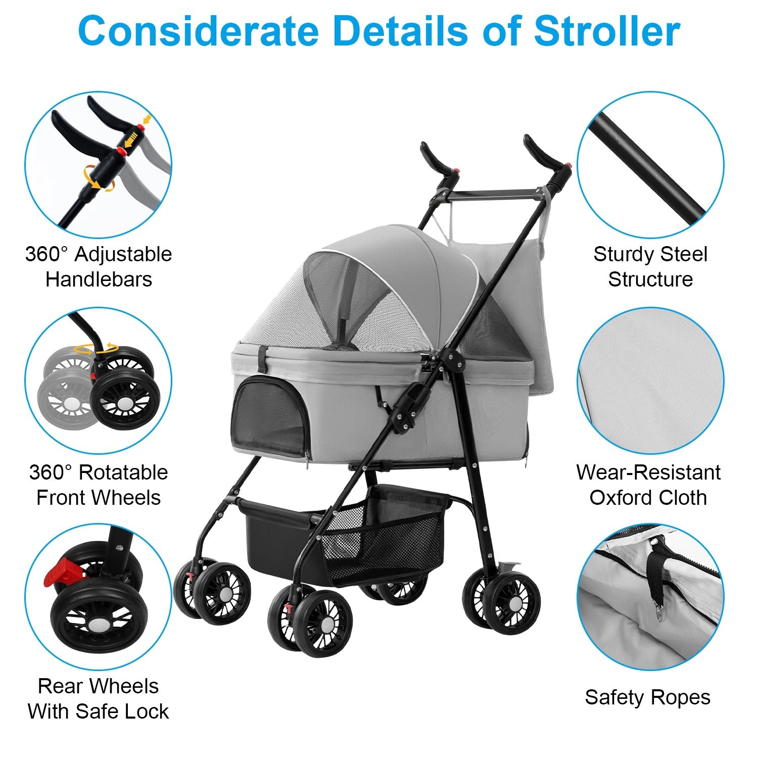 4-Wheel Foldable Pet Stroller with Storage Basket