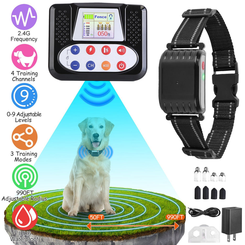 1Set 990FT Range Dog Wireless Fence Remote Training Collar IPX6 Waterproof Receiver With 0-9 Levels Beep Vibration Shock Mode 4 Channels Rechargeable Transmitter System