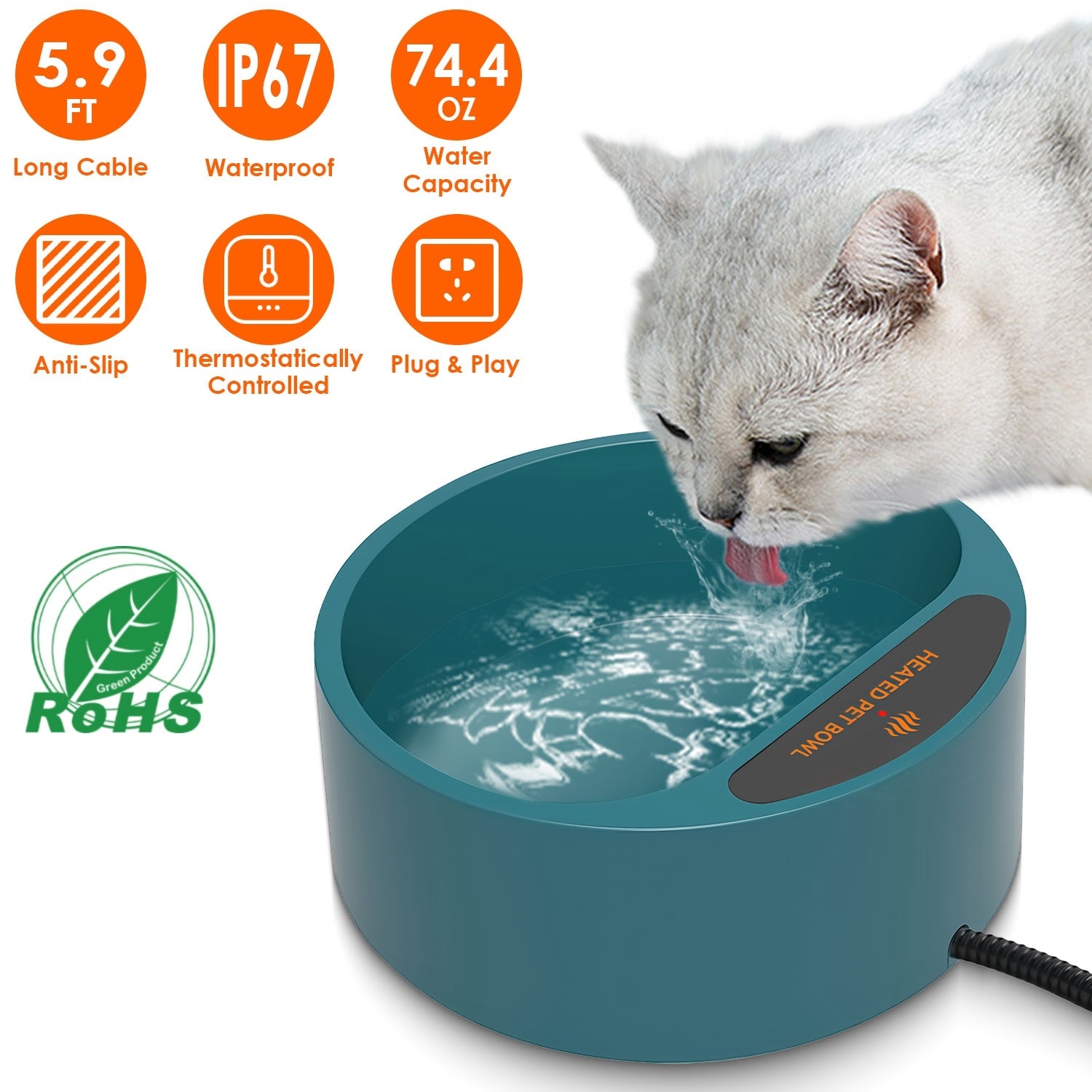 Heated Water Bowl for Pets - 74.4oz IP67 Waterproof Thermal Bowl