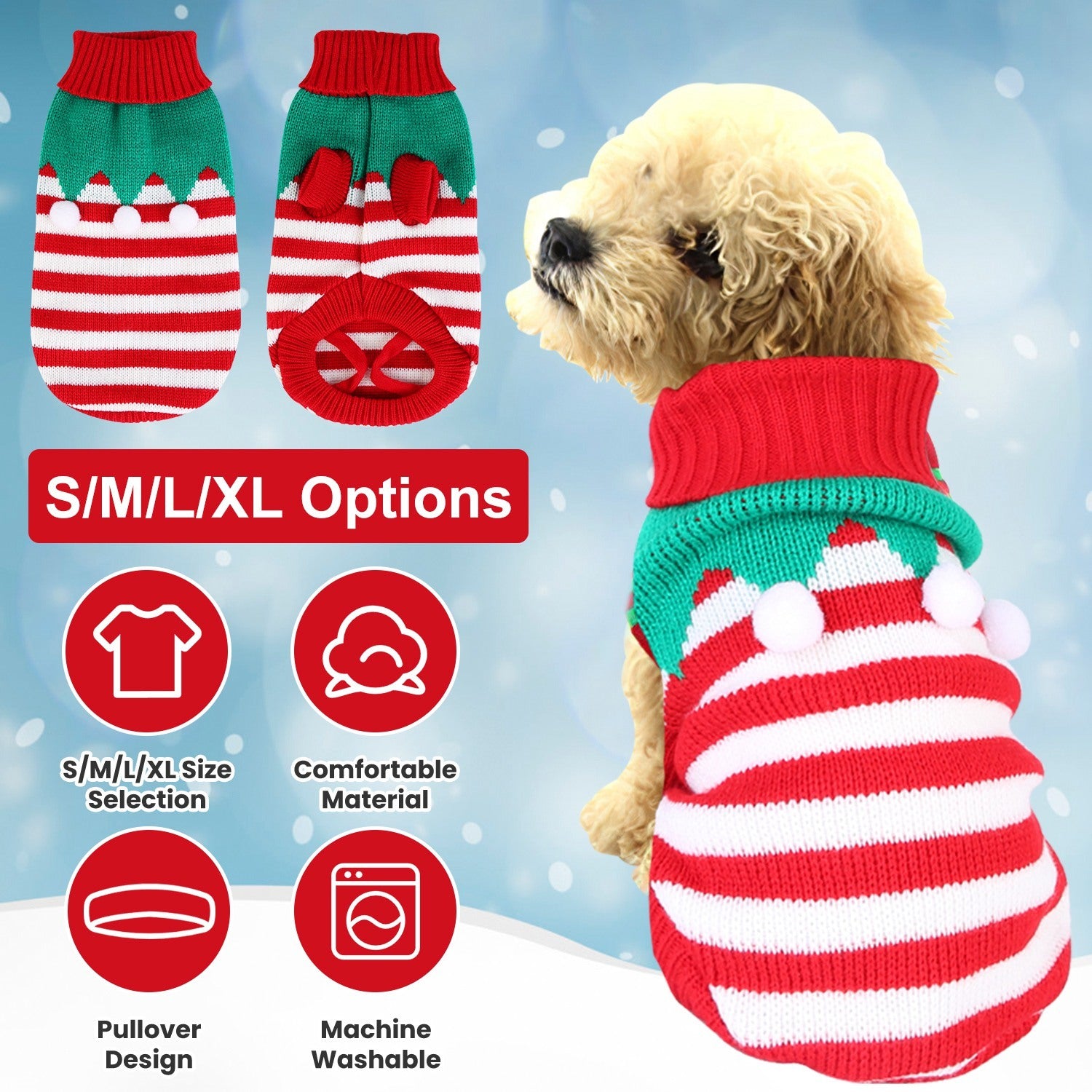Pet Christmas Turtleneck Sweater - Snowman & Stripes Design