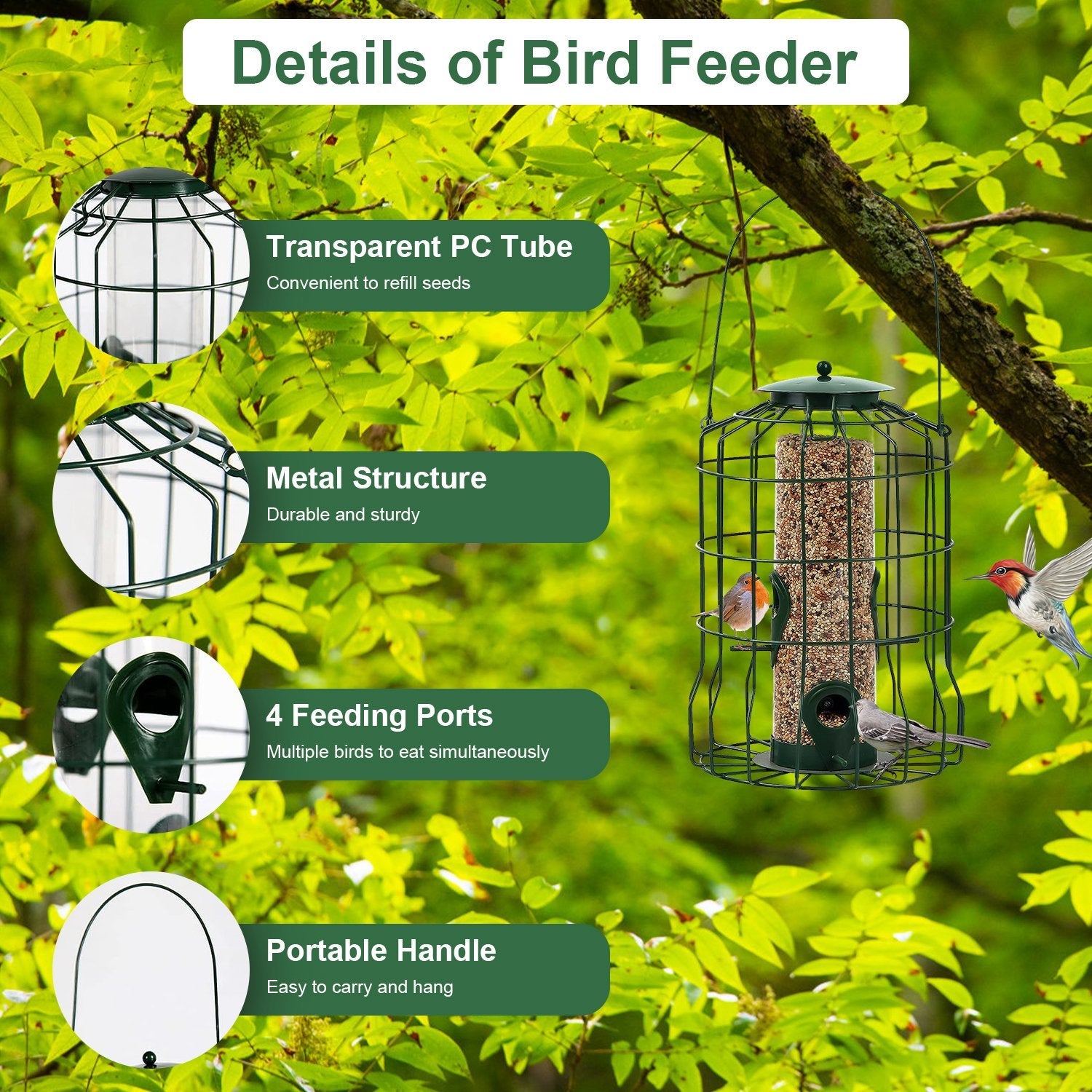 Squirrel-Proof Metal Bird Feeder - Outdoor Hanging Seed Feeder with 4 Feeding Ports