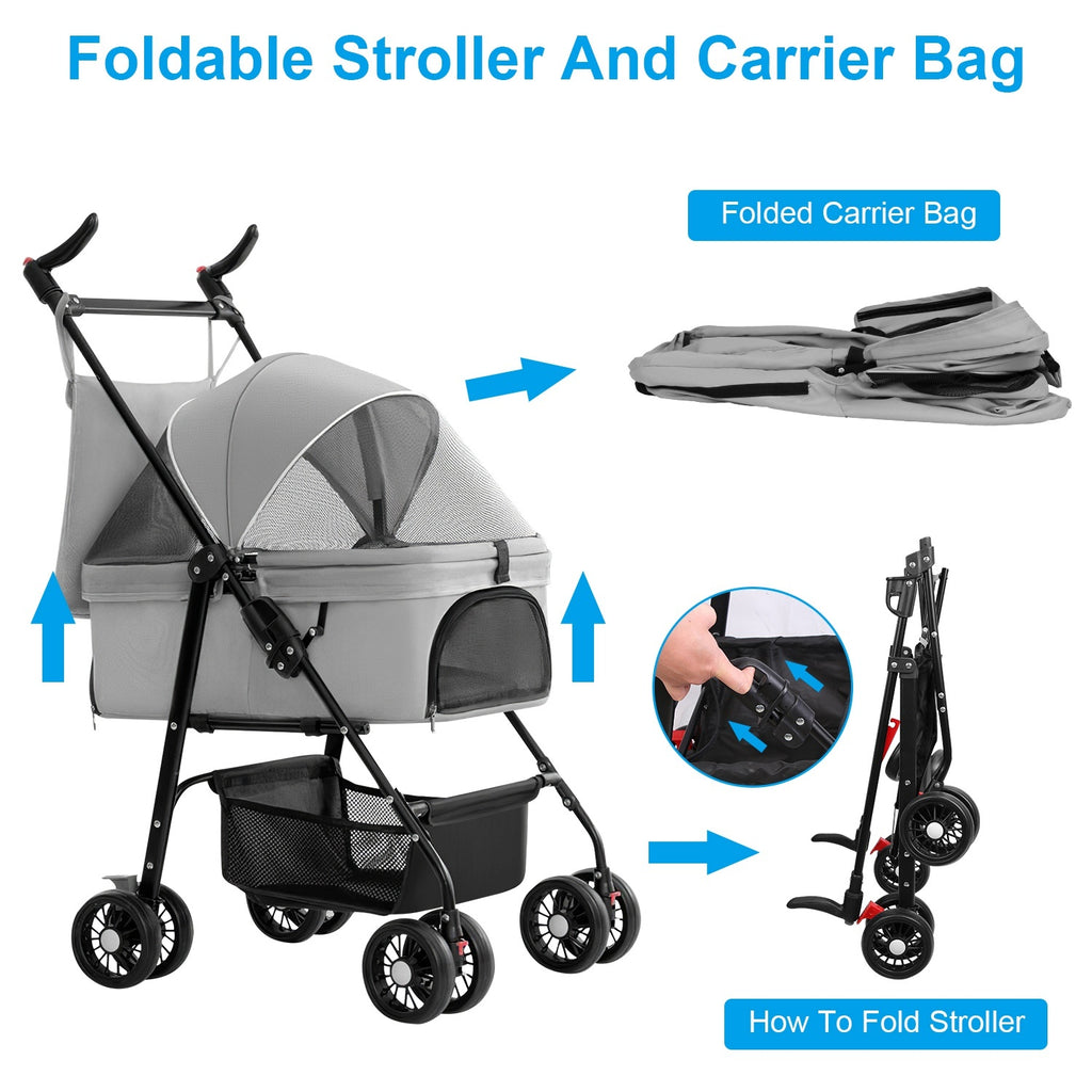 4-Wheel Foldable Pet Stroller with Storage Basket