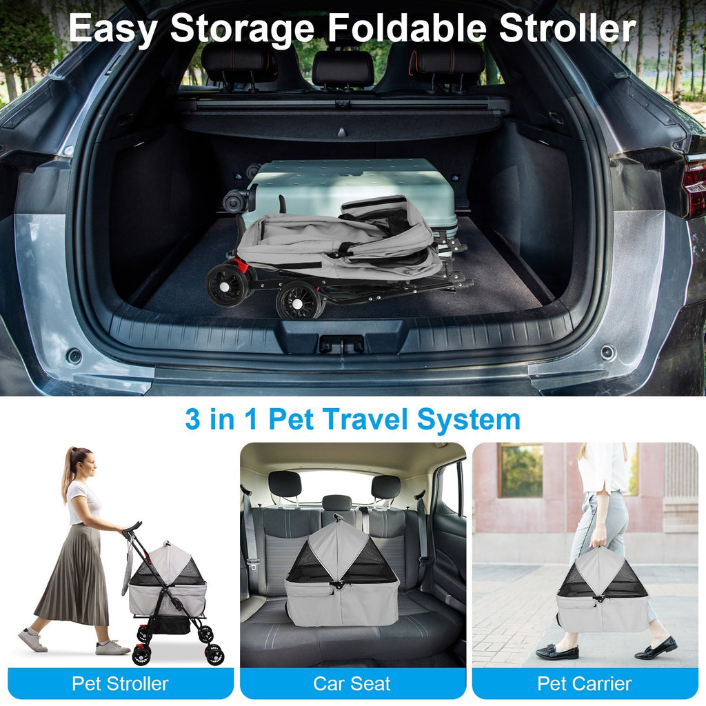 4-Wheel Foldable Pet Stroller with Storage Basket