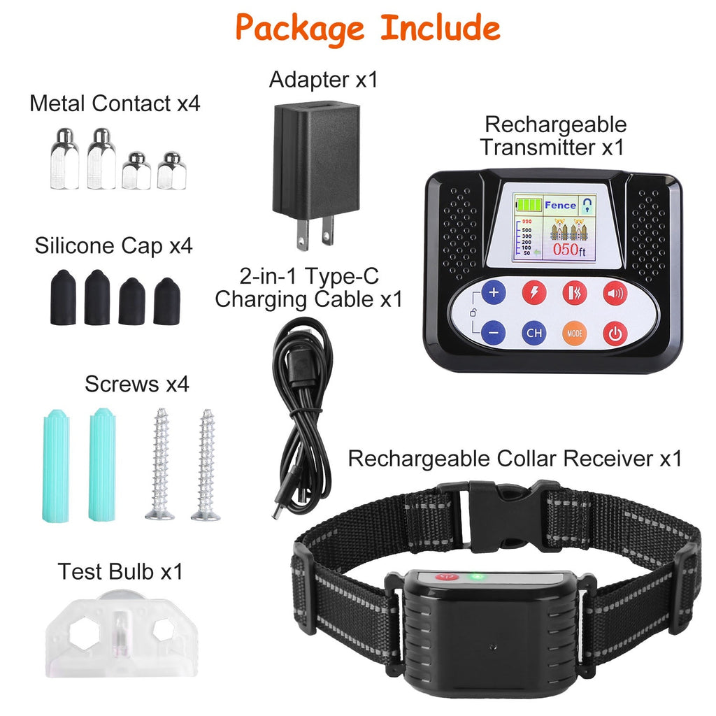 1Set 990FT Range Dog Wireless Fence Remote Training Collar IPX6 Waterproof Receiver With 0-9 Levels Beep Vibration Shock Mode 4 Channels Rechargeable Transmitter System