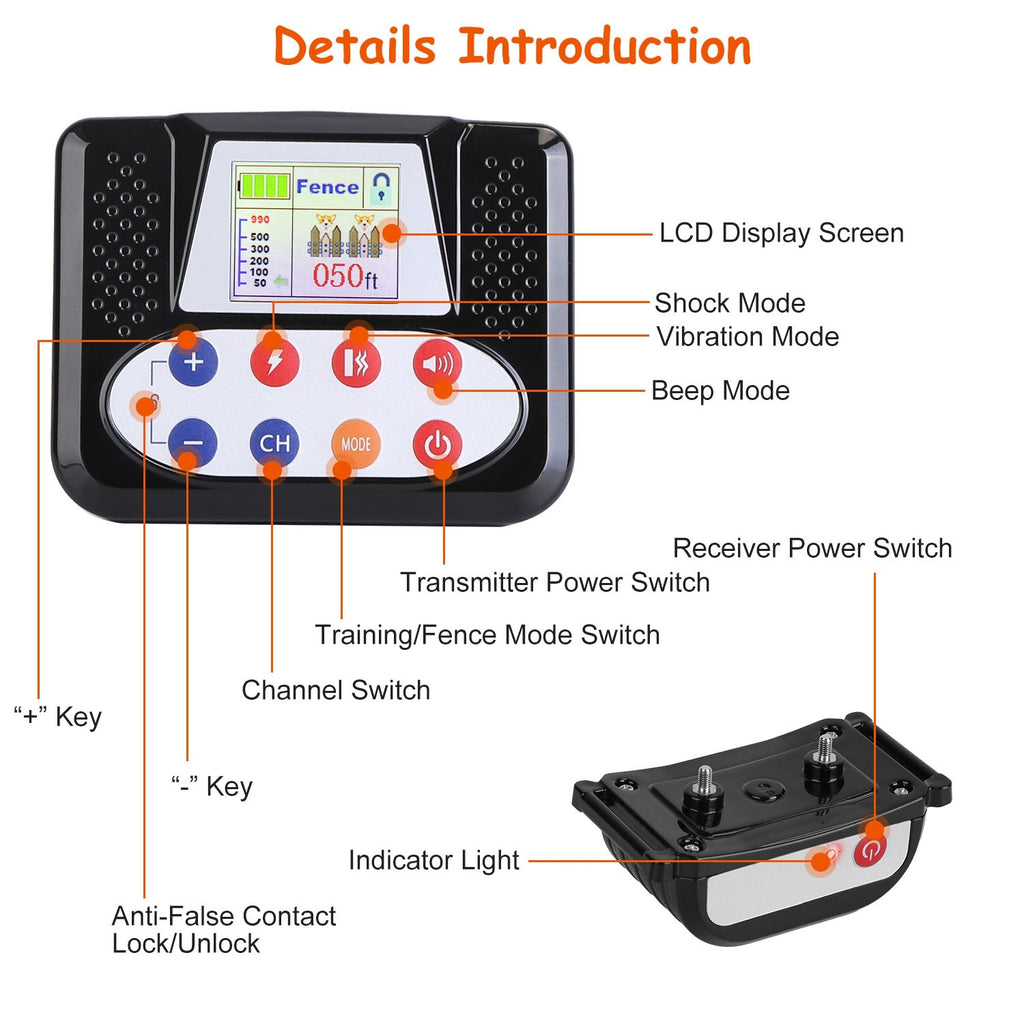 1Set 990FT Range Dog Wireless Fence Remote Training Collar IPX6 Waterproof Receiver With 0-9 Levels Beep Vibration Shock Mode 4 Channels Rechargeable Transmitter System