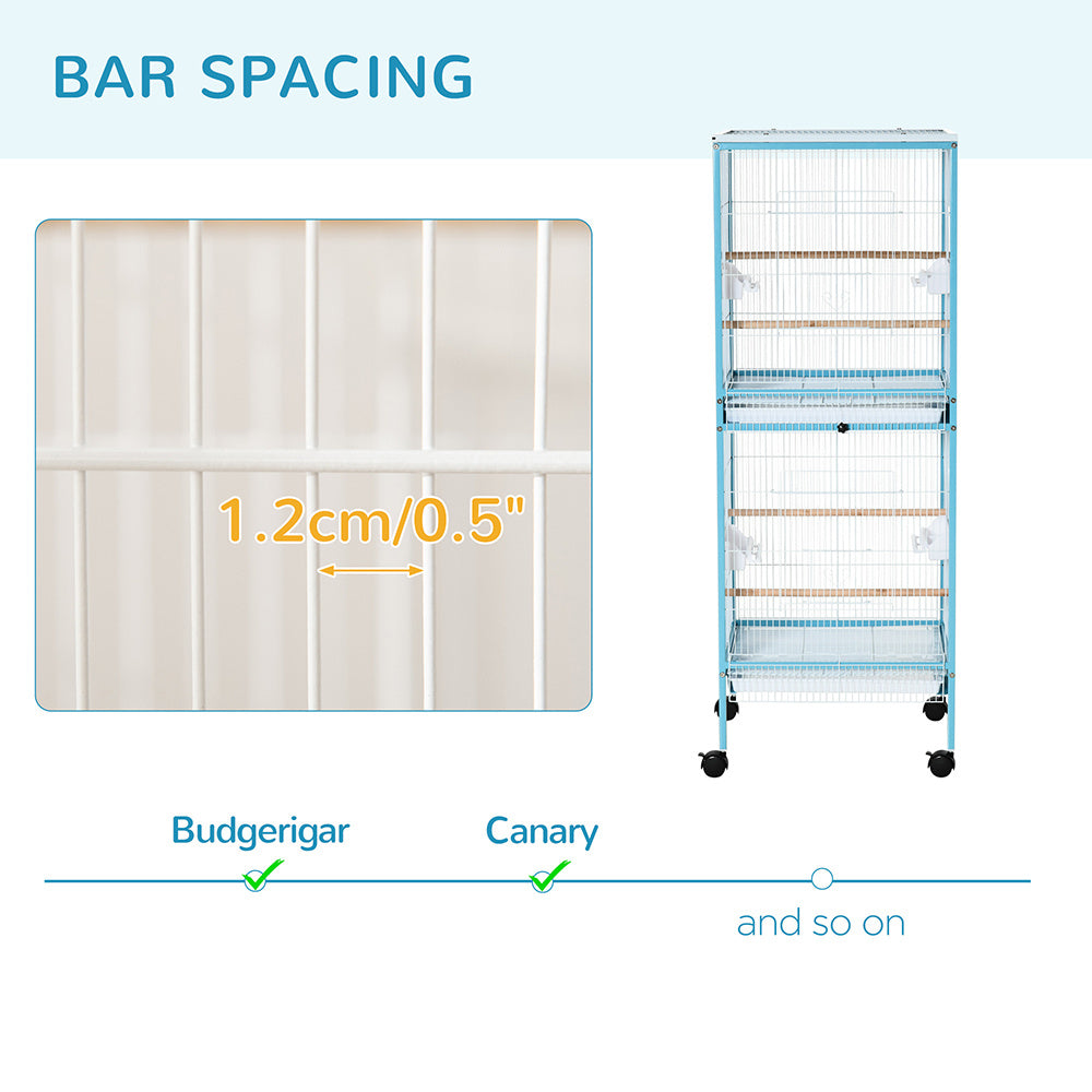 55inch 2 In 1 Bird Cage Aviary Parakeet House For Finches, Budgies With Wheels, Light Blue