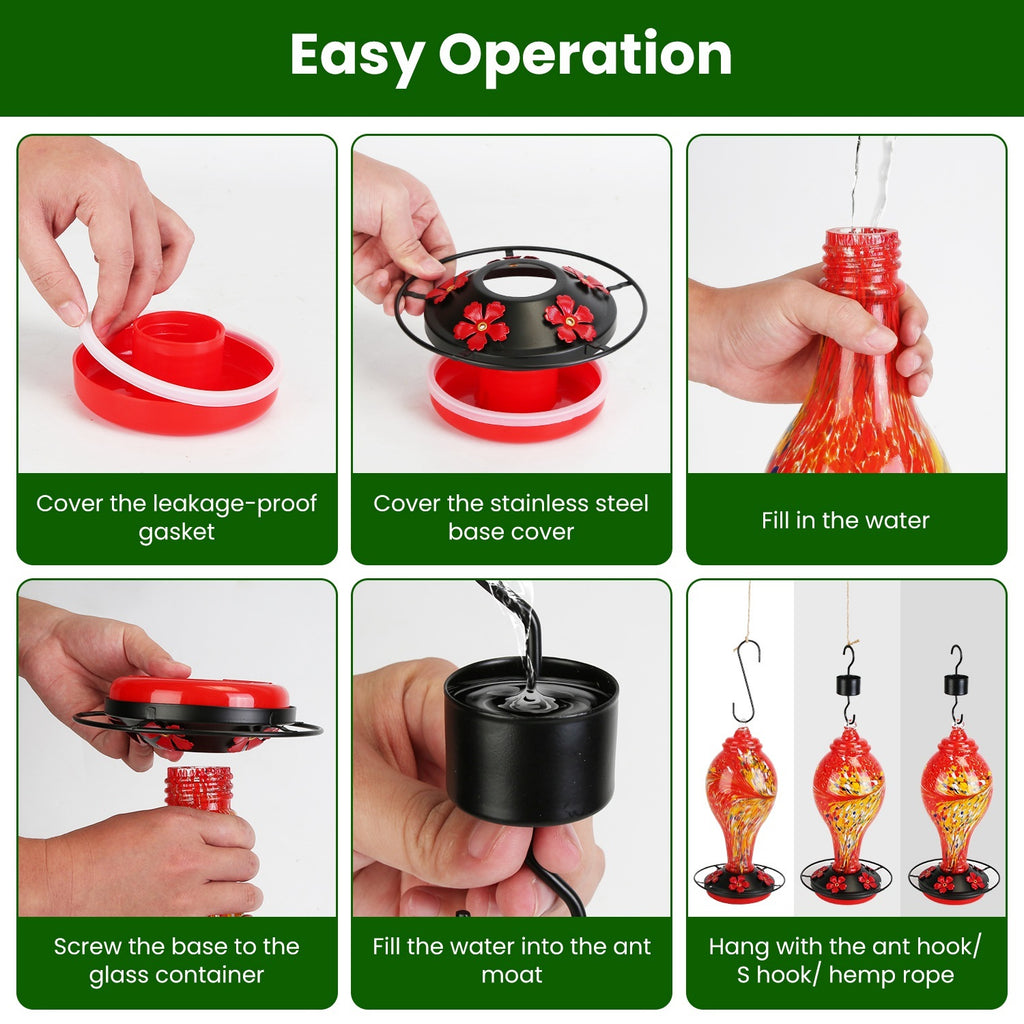 Glass Hummingbird Feeder 33oz - Hand Blown with 5 Feeding Ports