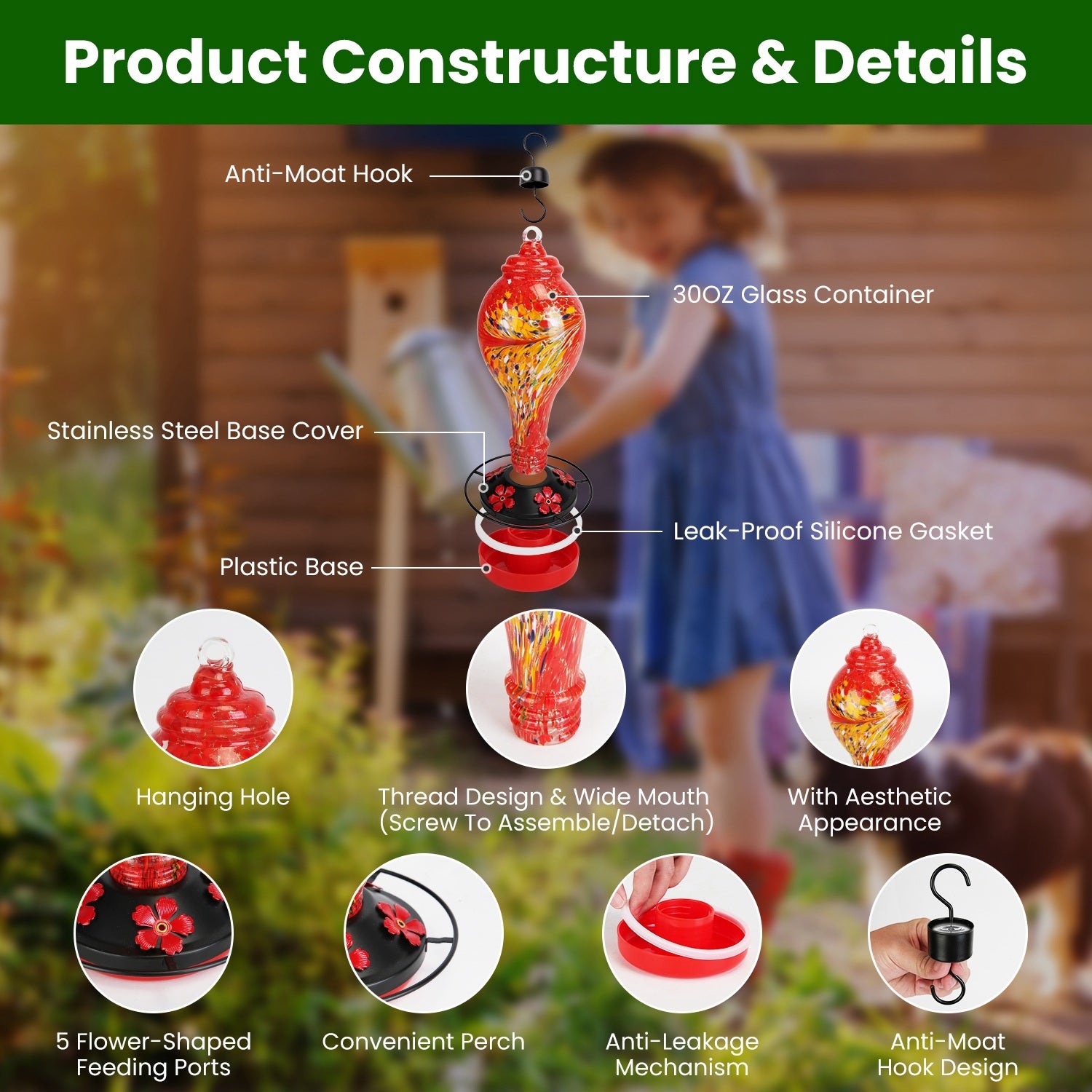 Glass Hummingbird Feeder 33oz - Hand Blown with 5 Feeding Ports