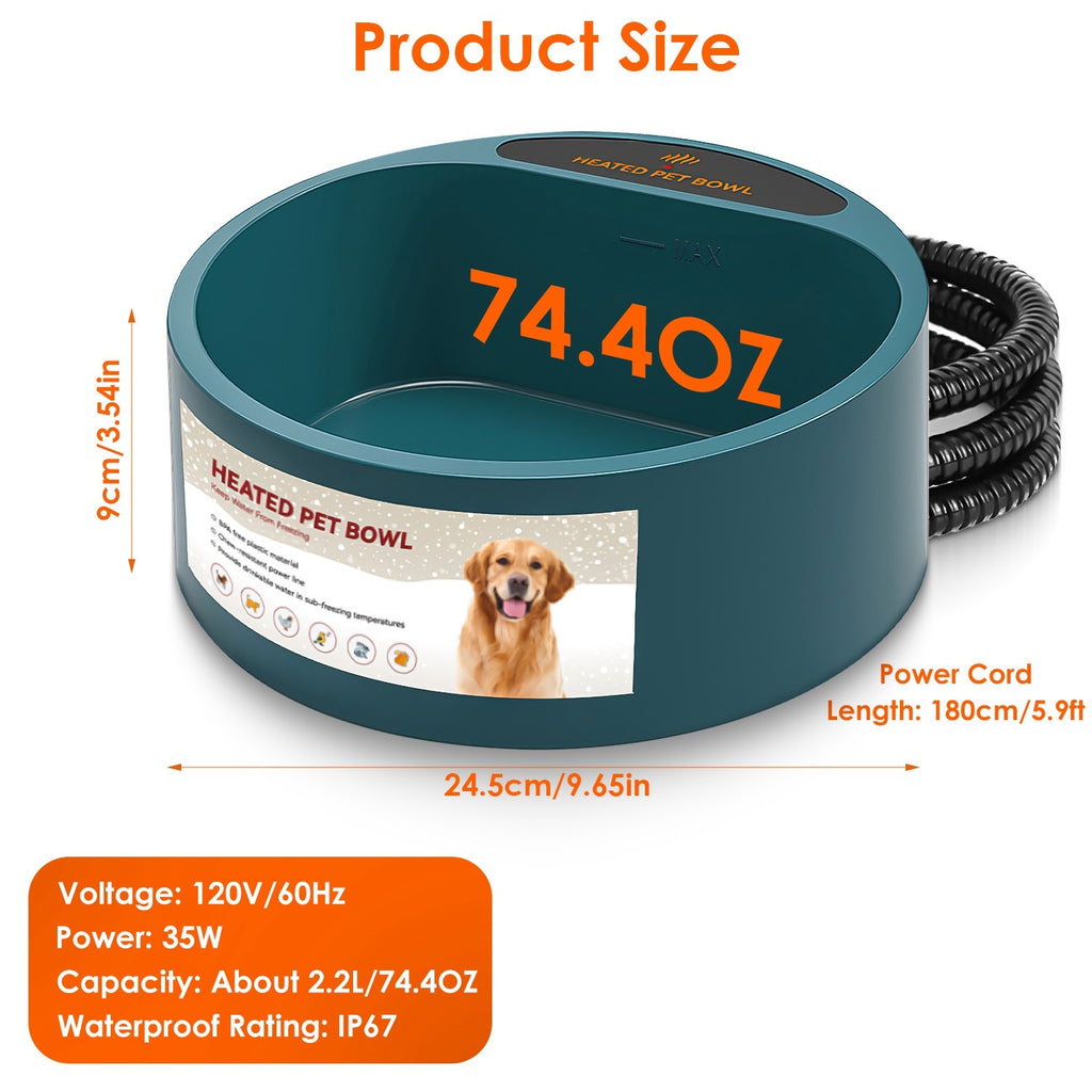 Heated Water Bowl for Pets - 74.4oz IP67 Waterproof Thermal Bowl
