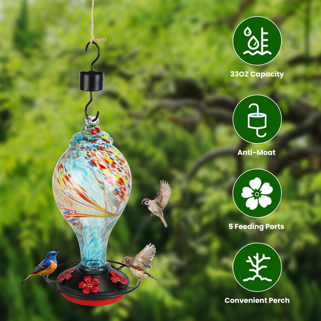 Glass Hummingbird Feeder 33oz - Hand Blown with 5 Feeding Ports