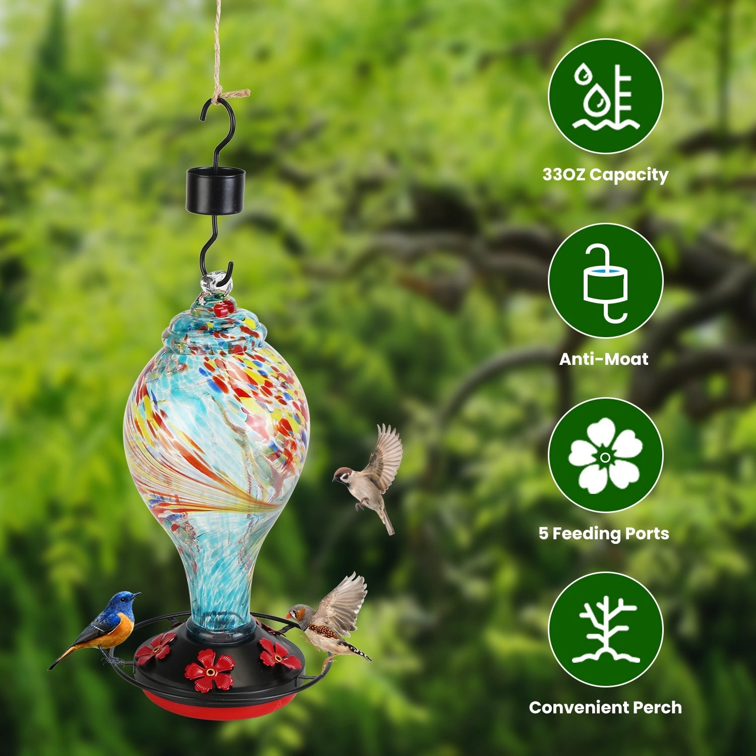 Glass Hummingbird Feeder 33oz - Hand Blown with 5 Feeding Ports