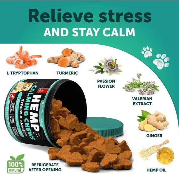 Hemp Calming Chews for Dogs – Anxiety Relief with Turmeric & Valerian (120 Treats)