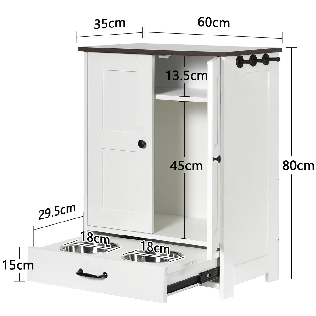 Elevated Dog Feeding Station with Storage Cabinet - White