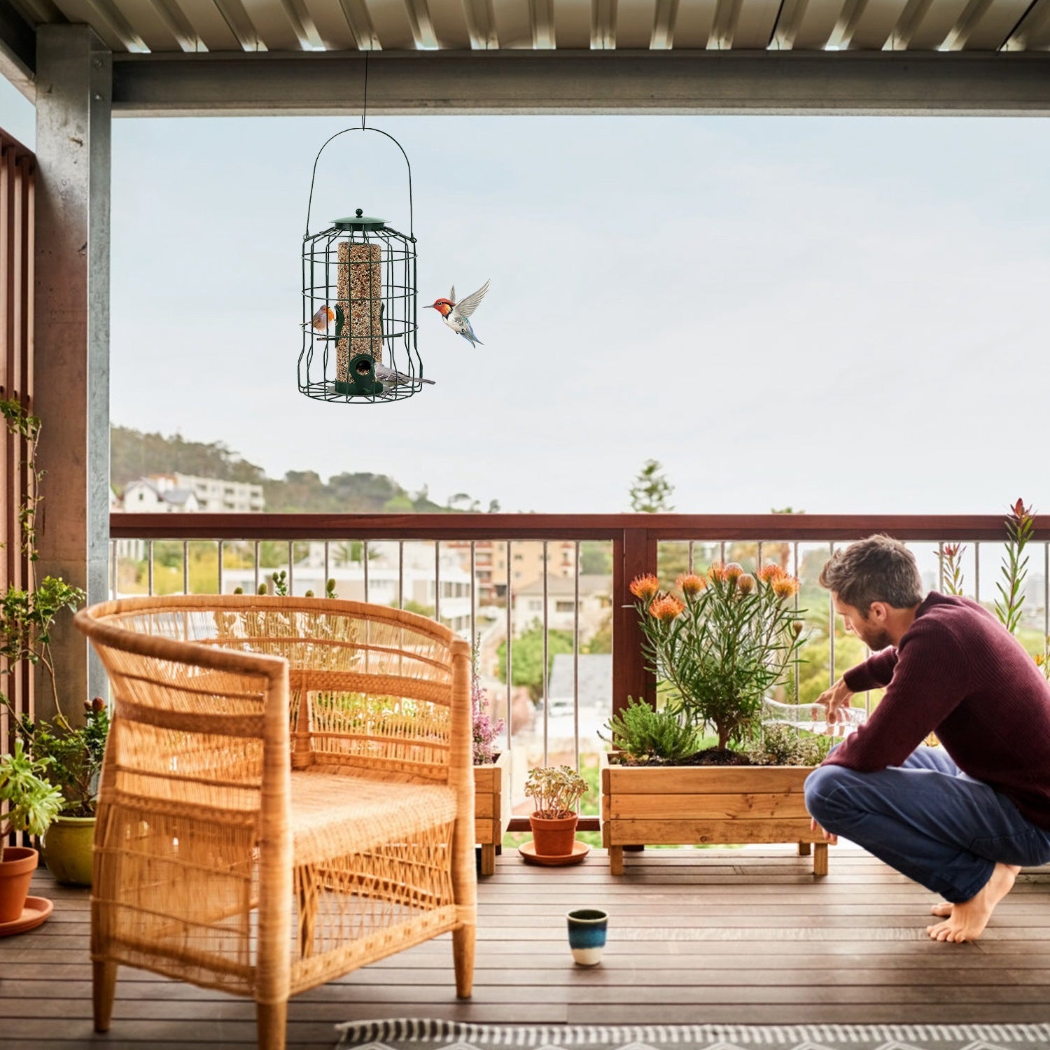 Squirrel-Proof Metal Bird Feeder - Outdoor Hanging Seed Feeder with 4 Feeding Ports