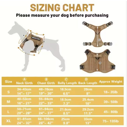 Tactical Service Dog Harness - Adjustable Reflective No-Pull Vest with Metal Buckle